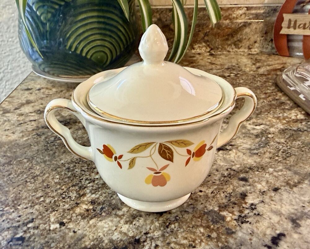 Hall's Superior Kitchenware Mary Dunbar Autumn Leaf Jewel Tea Sugar Bowl w/ Lid